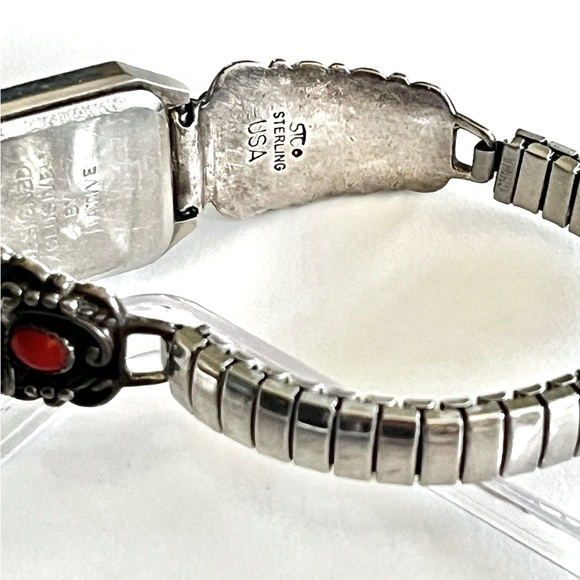 Signed, Navajo Vintage Turquoise Coral Sterling Silver Watch Tips - Picture 5 of 6